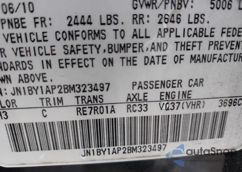 2011 Infiniti M37 z USA, uszkodzony, nr VIN JN1BY1AP2BM323497